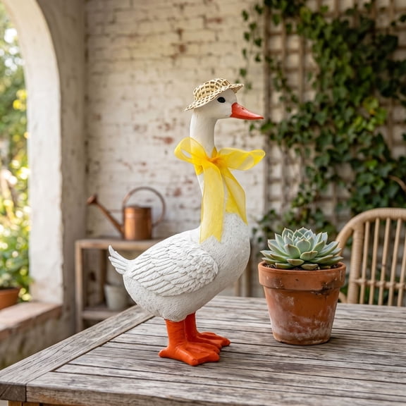 Eolstice Resin Porch Goose Statue, Garden Statue with Hat and Bow, Indoor Outdoor Yard Lawn Patio Decoration, Cute Decorative Porch Balcony Accent