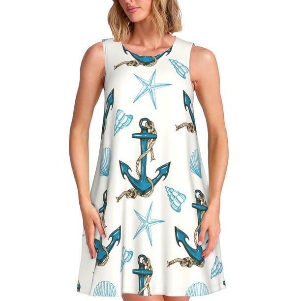 Balery Anchors And Shells Vestidos de verano para mujer con estampado: vestido holgado sin mangas, vestido playero informal y cómodo para días calurosos.