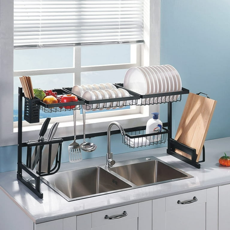 Dish Rack Over Sink,2-Tier Large Adjustable Length(33.9- 43.3) Stainless  Steel Over Sink Dish Drying Rack,Dish Drainer for Kitchen Sink Organizer(Black)  