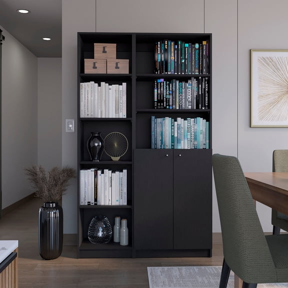 Dtwnek 8 Shelves Wood Bookshelf with 2 Doors Cabinet, Open Bookcase for Living Room, Office, Black