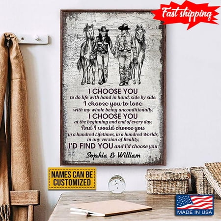 Personalized Name Couple Of Horse Riders Holding Hands I Choose You To Do Life With Hand In Hand, Side By Side 11 x 17 Inch Poster