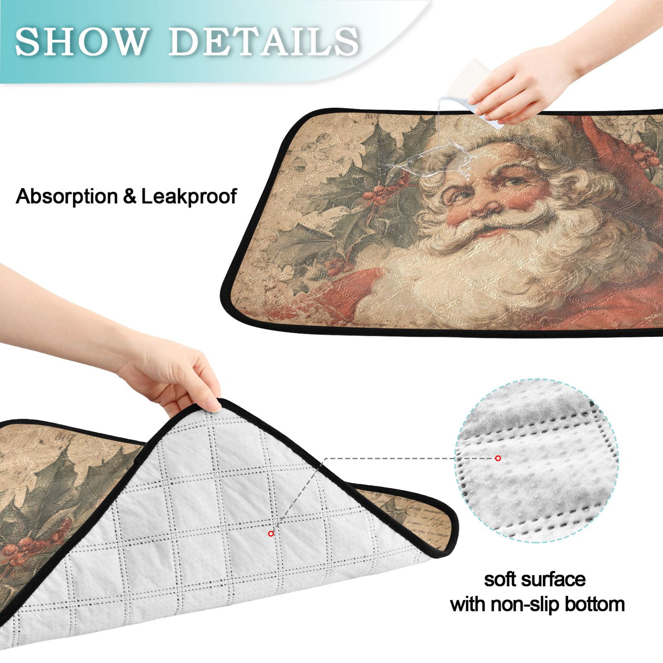 Qxltty Retro Santa Claus Cat litter Pads Pet Set of 2 Diaper Mats Center Anti-leakage Layer Absorbent Soft and Comfortable
