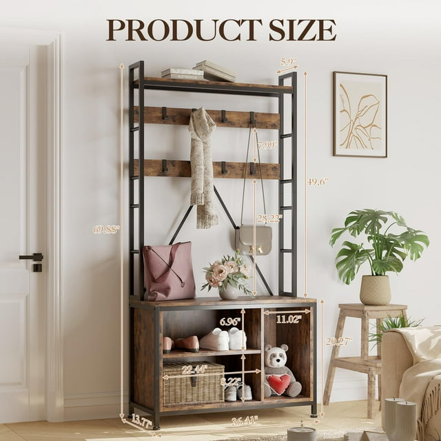 EDTara 5-in-1 Hall Tree with Bench, Coat Rack, Shoe Storage, Drawers, and Top Shelf – 36.41'' Freestanding Entryway Organizer with 17 Hooks for Mudroom or Entryway