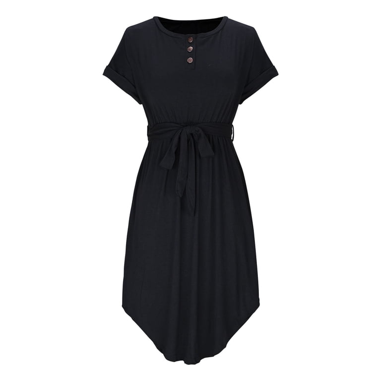 Efsteb Women's Dresses Summer Spring Crew Neck Button Short Sleeve Dress Casual A Line Solid Color Shift Mini Dress with Belt (Black,L), Size: Large Efsteb Women's Dresses Summer Spring Crew Neck Button Short Sleeve Dress Casual A Line Solid Color Shift Mini Dress with Belt (Black,L), Size: Large