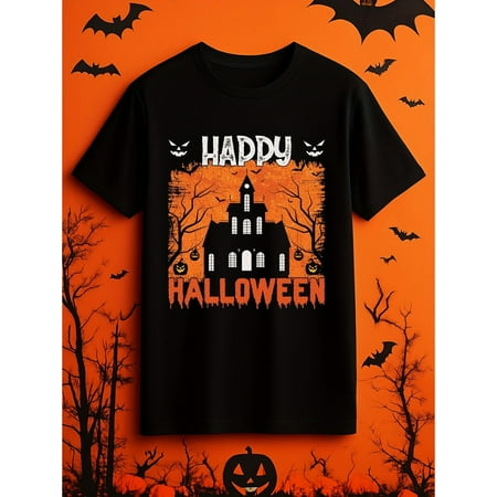 Halloween T Shirt Haunted House Bats Print Tee For Costume Party Short Sleeve Round Neck Black S-5XL