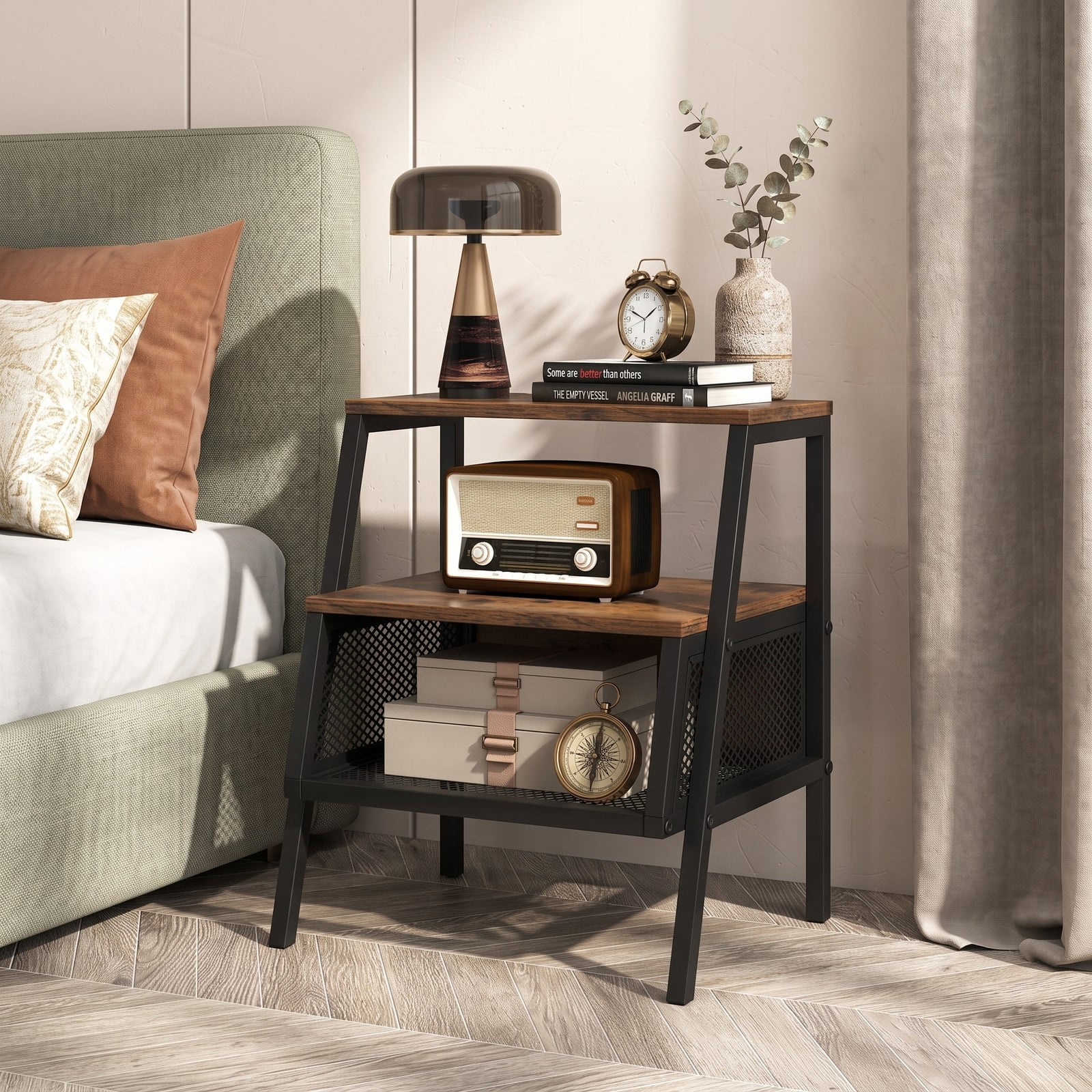 Furnibear Industrial Nightstand 3 Tier End Table with 2 Open Shelves and Metal Mesh Compartment for Bedroom, Rustic Brown