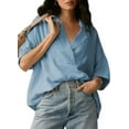 thumbnail image 2 of Women Dressy Casual Blouse Business Short Sleeve Collared Tops Placket V Neck Work Shirt Sky blue L, 2 of 8