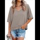 thumbnail image 3 of Camisetas de Verano con Cuello en V para Mujer, Blusas Casuales de Corta, Holgadas y Básicas. Caqui M, 3 of 9