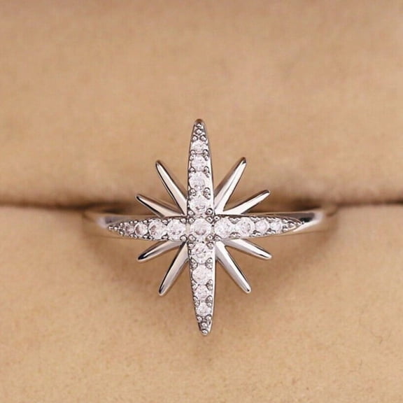 Silvago Jewel 14K White Gold Plated Ring - Excellent 0.7 Ct Round Cut Simulated Diamond Ring - Silver Starburst Design Ring for Women's - Unique Christmas Special Gift for Her - Promise Gifts for Her