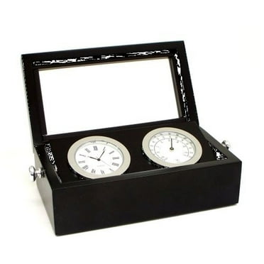 Bey-Berk International SQB570T Chrome Clock & Thermometer in Black Hinged Box with Glass Top