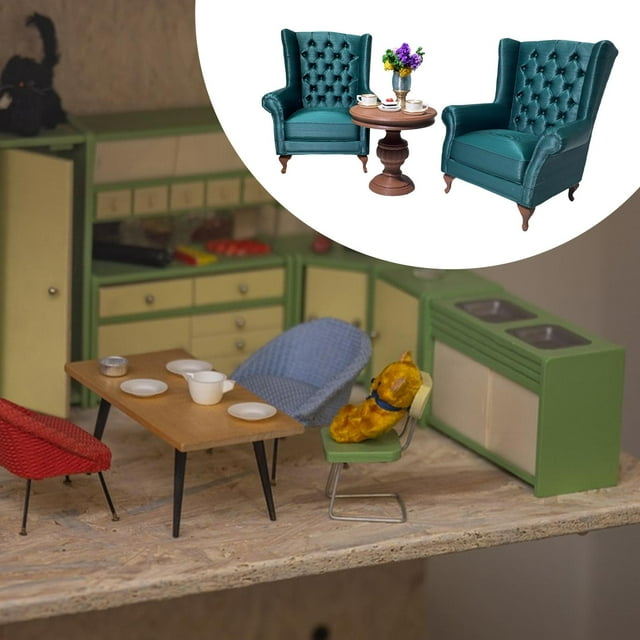 Juego de sofá americano en miniatura para casa de muñecas, muebles para casa de muñecas, escala 1/12, manualidades, mini adorno, juego de mesa y sofá Verde