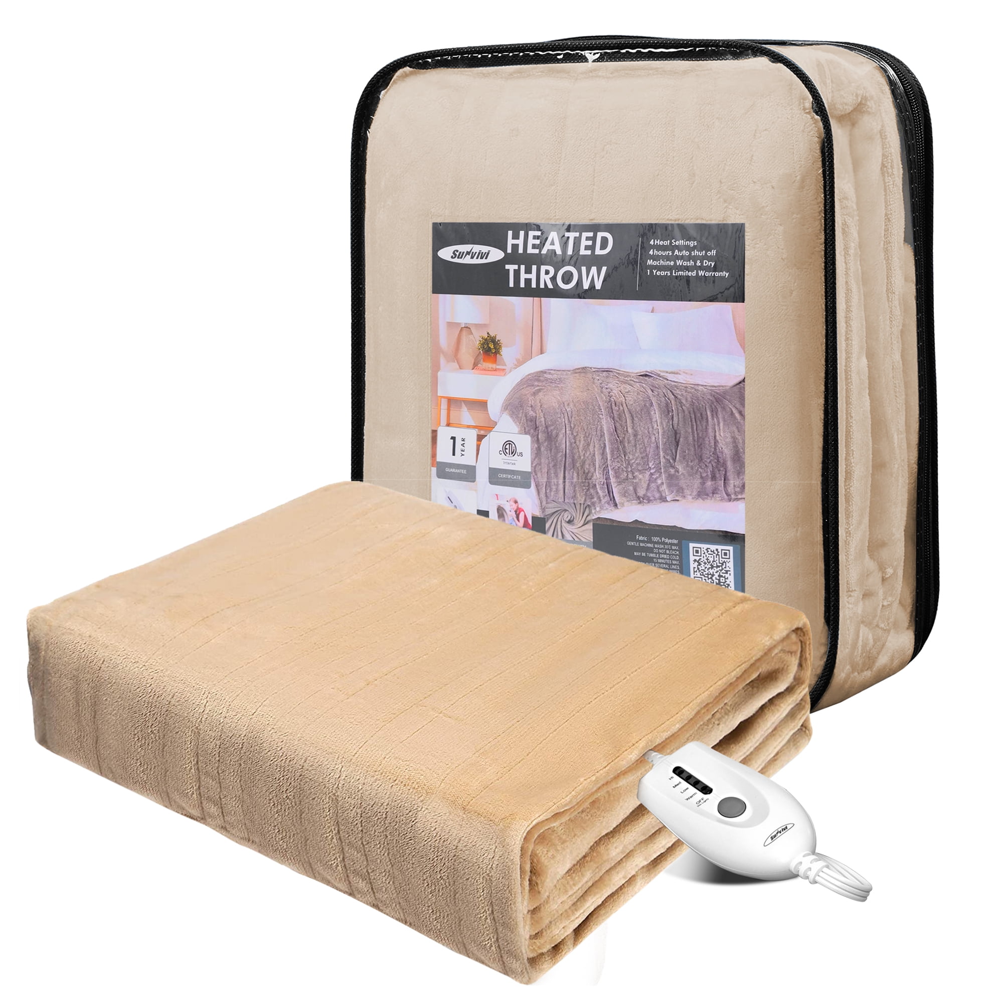 SUNVIVI 60" x 50" Heated Throw Blanket, Auto ShutOff with 4 Heat