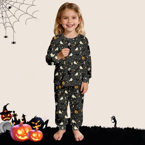 Child Girls Sleepwear Cartoon Halloween Pumpkin & Bat Pattern Long Sleeve Crewneck Pull-On Relaxed Fit 2Pc Autumn Winter Sleepovers Adorable Pjs,Black,7-8 Years