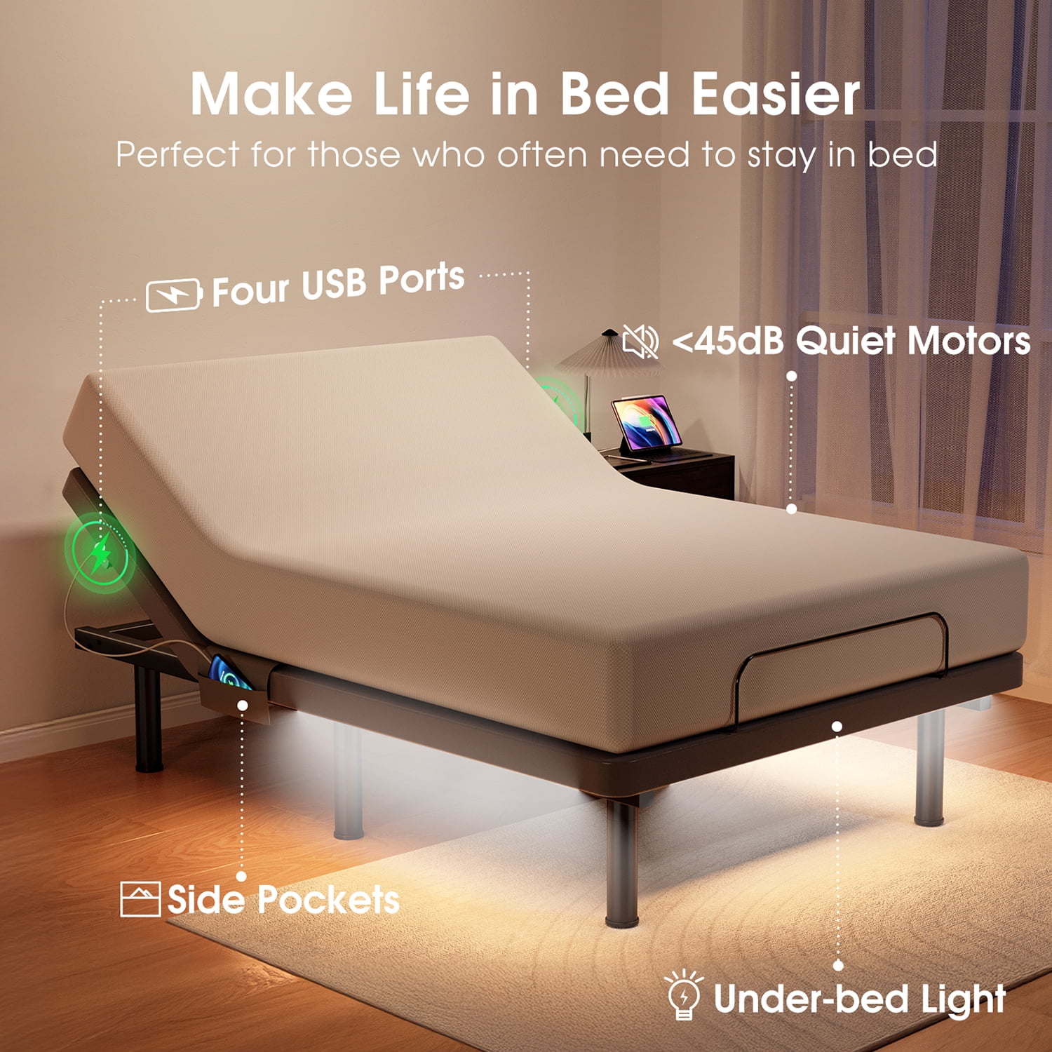 Queen Adjustable Bed Frame Base with Massage, Zero Gravity Ergonomic Electric Bed with Ultra-Quiet Motors, 4 USB Ports, Under-Bed Light, Wireless Remote, Fast Assembly, 3 Height Options