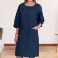 thumbnail image 4 of Vestido de verano para mujer, vestido suelto de lino y algodón a la moda, cuello redondo, vestido hasta la rodilla FLhrweasw Nuevo, 4 of 9