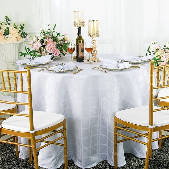 Wedding Linens Inc. 90" Plaid Checkered Pattern Design Polyester Jacquard Round Seamless Linen Tablecloth Table Covers Linens - White