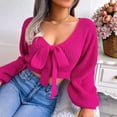 thumbnail image 6 of Women Long Sleeve Crop Front Bowknot Ribbed Knit Pullover Sweaters Fall Winter V Neck Crop Tops Pullover Rose Red M, 6 of 8