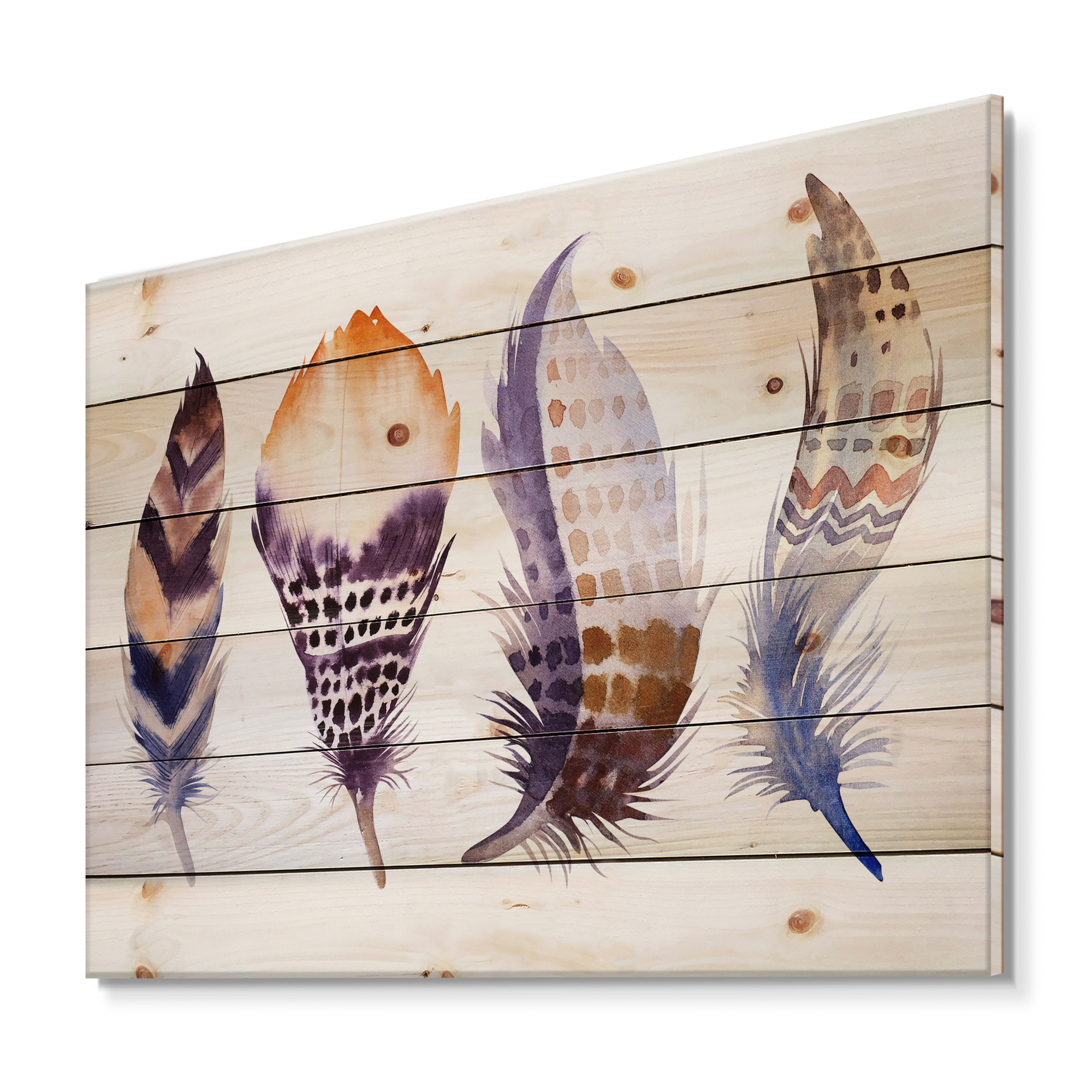 Designart 'Purple Boho Art Feathers' Bohemian & Eclectic Print on Natural Pine Wood