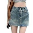 thumbnail image 1 of Falda corta de cintura alta con bolsillos Botón delantero Bodycon Una línea Falda corta informal para verano Azul L, 1 of 8