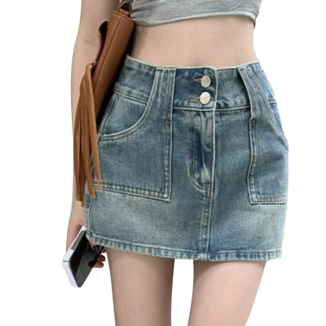 Falda corta de cintura alta con bolsillos Botón delantero Bodycon Una línea Falda corta informal para verano Azul L