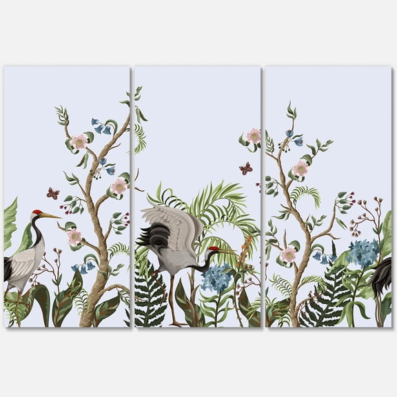 Designart ' Border With Peonies and Cranes In Chinoiserie Style ' Traditional Canvas Wall Art Print