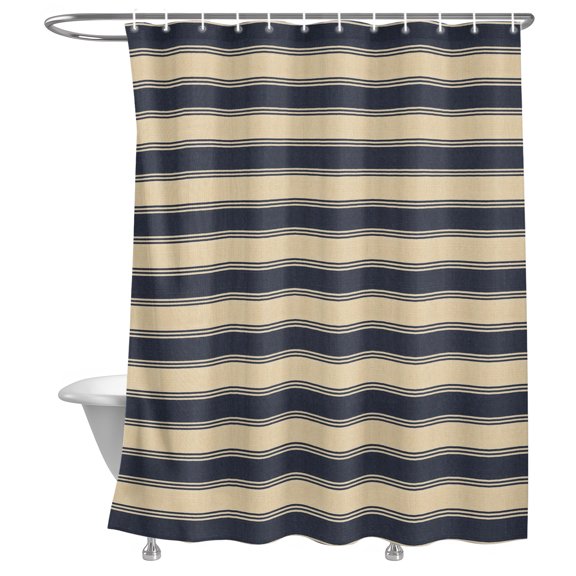 Bathroom Shower Curtain Navy Blue Beige Striped Waterproof Shower Curtains with Hooks, Modern Minimalism Bath Curtains Bathtub Curtain Home Decor 48x72in