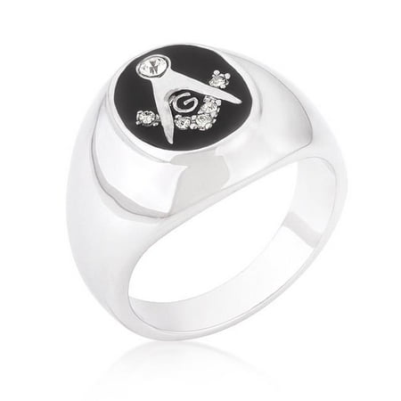 Kate Bissett R05515R-V01-10 Silvertone Onyx Cubic Zirconia Masonic Ring, Size - 10
