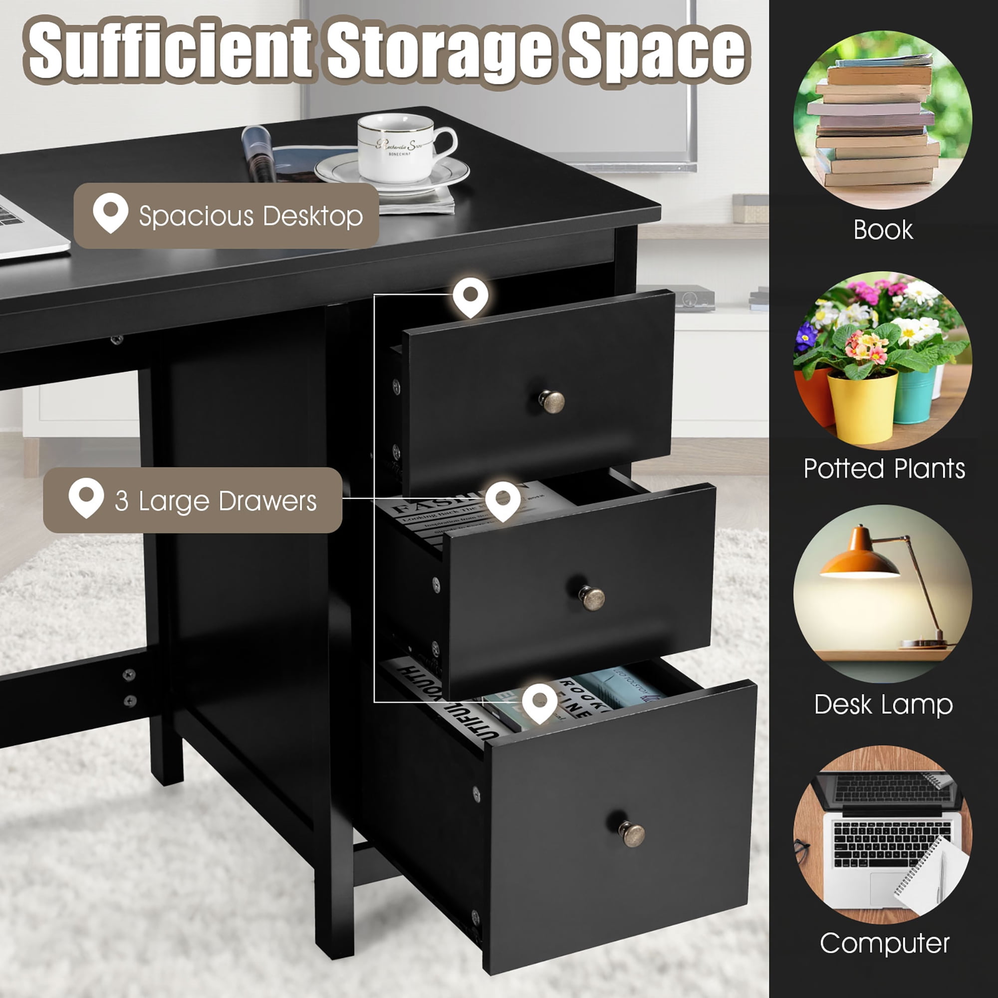 Costway Computer Desk Study Writing Desk Home Office Workstation with 3 Drawers Black