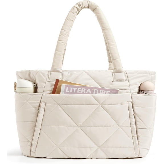 Tote Bag for Women, Puffy Tote Bag with Zipper, Large Quilted Shoulder Bag with Compartments for Travel, Work, Gym
