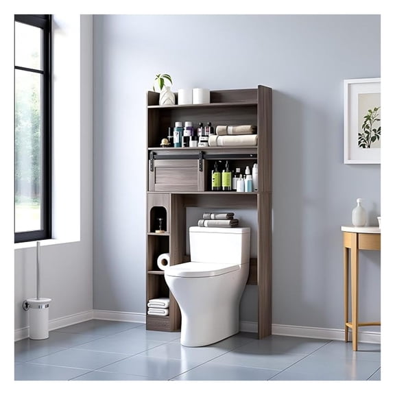 Over The Toilet Storage Cabinet, Over Toilet Bathroom Organizer, Double Door Bathroom Storage Organizer, with Open Shelves for Bathroom, Restroom, Laundry (YK003-)