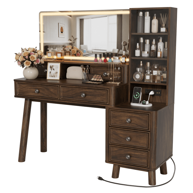 Lacoo 48'' Makeup Vanity Desk with Large 36'' Mirror & Lights, Vanity Set with Charging Station & Storage Drawers, Modern Vanity Table for Bedroom, Oak(2 Pack)