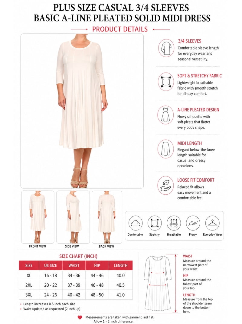 midi dress size 4 Moa Collection Women's Plus Size Casual 3/4 Sleeves Basic A-Line Pleated Solid Midi Dress, Blue
