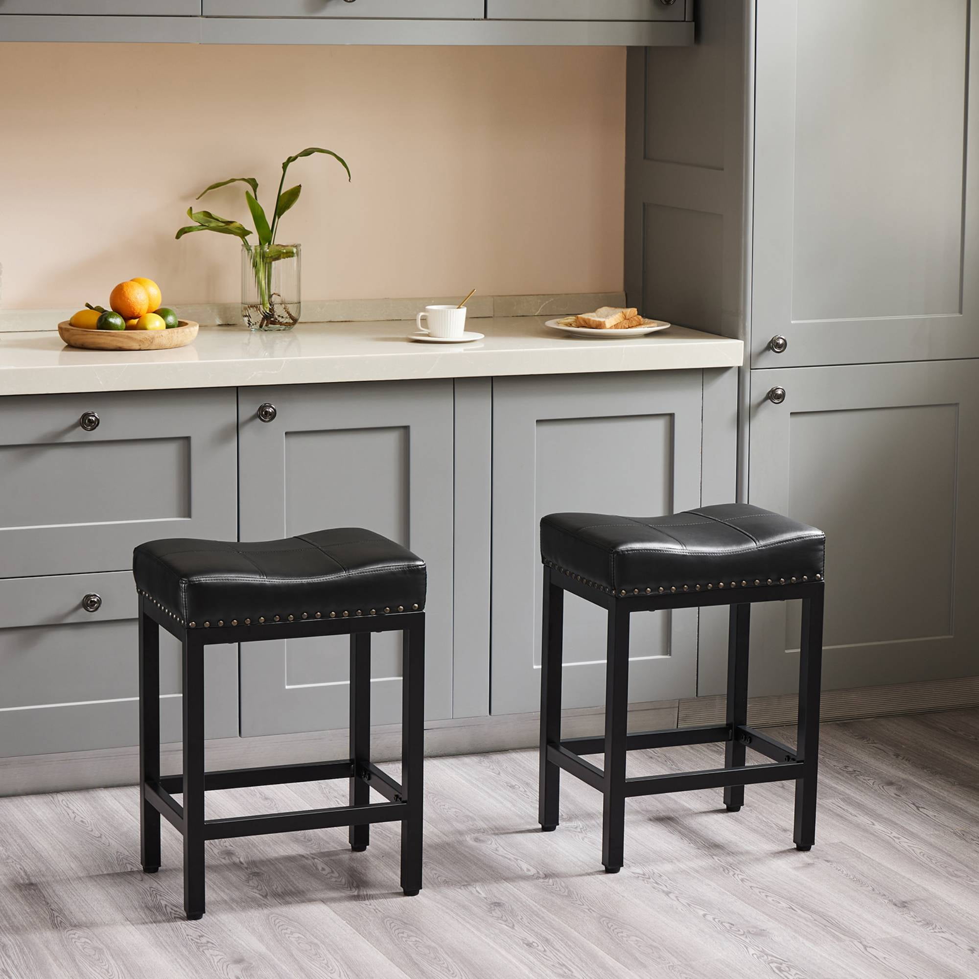 24 inch Saddle Bar Stools Set of 2 Leather Counter Height Bar Stools for Kitchen Island PU Sadless Stools Chair with Metal Footrest, Black