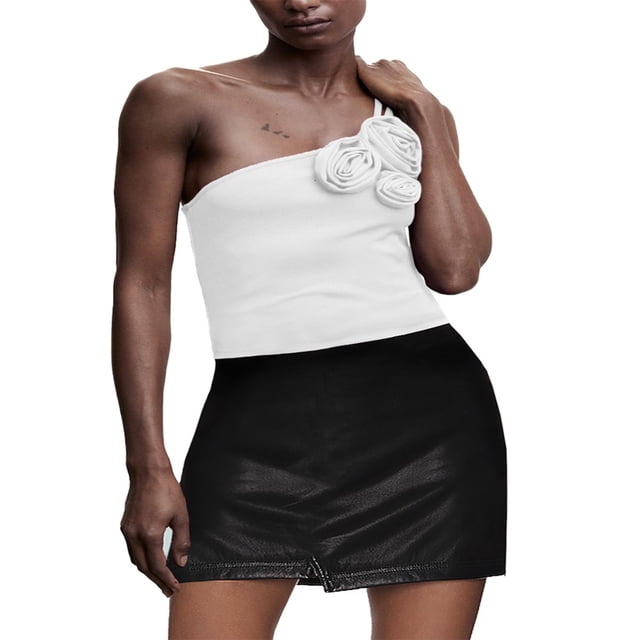 Women One Shoulder Backless Crop Top Sleeveless Strappy Open Back Cami Tank Tops