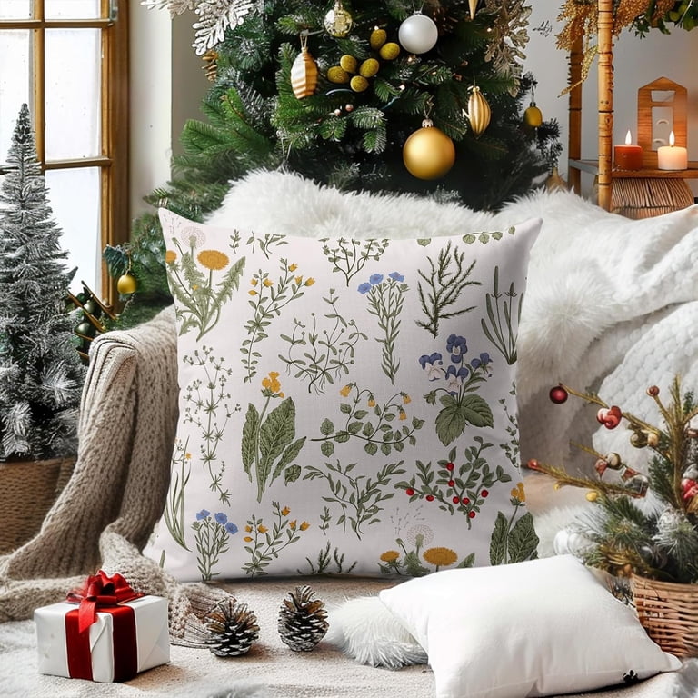 Green Tree Pillow Covers Set Of 2, 20x20 Inch – Watercolor Forest Bird Floral Design, Cotton Linen