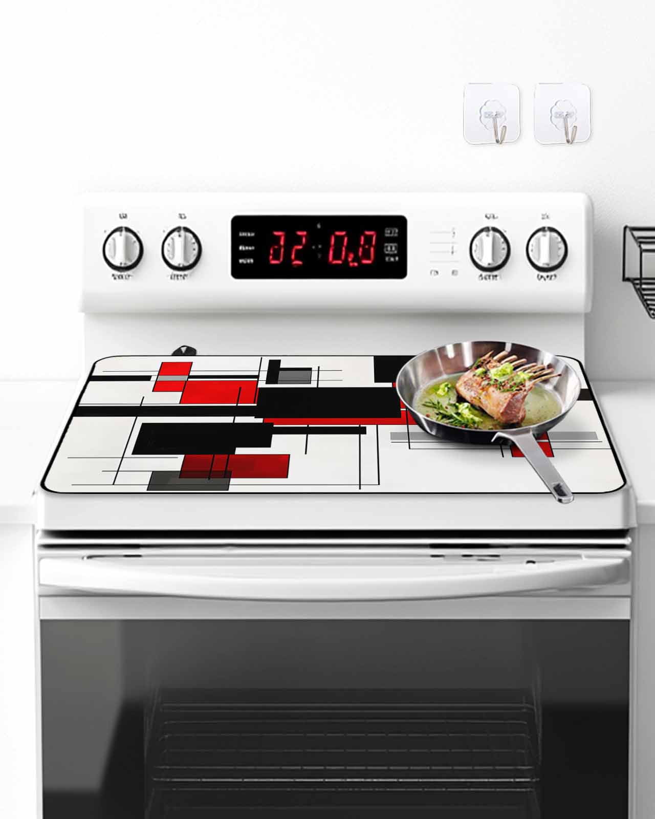 Stove Top Covers for Electric Stove, Red Grey Black Glass Stovetop Cover Protector, Irregular Modern Geometric Abstract Induction Cooktop Protector Oven Mat for Kitchen Countertop 24"x21"
