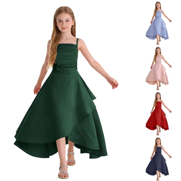 WUANDIXFA Spaghetti Strap Junior Bridesmaid Dresses Silk Satin Flower Girl Dress for Teen Girls Special Occasions (Pink, 5-6 Years)