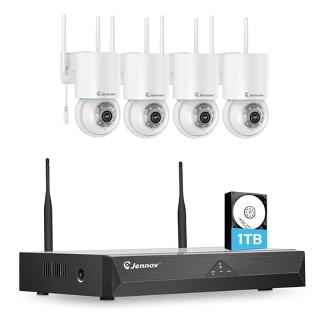 Jennov 360° View Security Camera System Wireless, 5MP PTZ IP66 Waterproof Night Vision Outdoor/Indoor, 4 Cameras with 10CH 2TB NVR HDD Kit