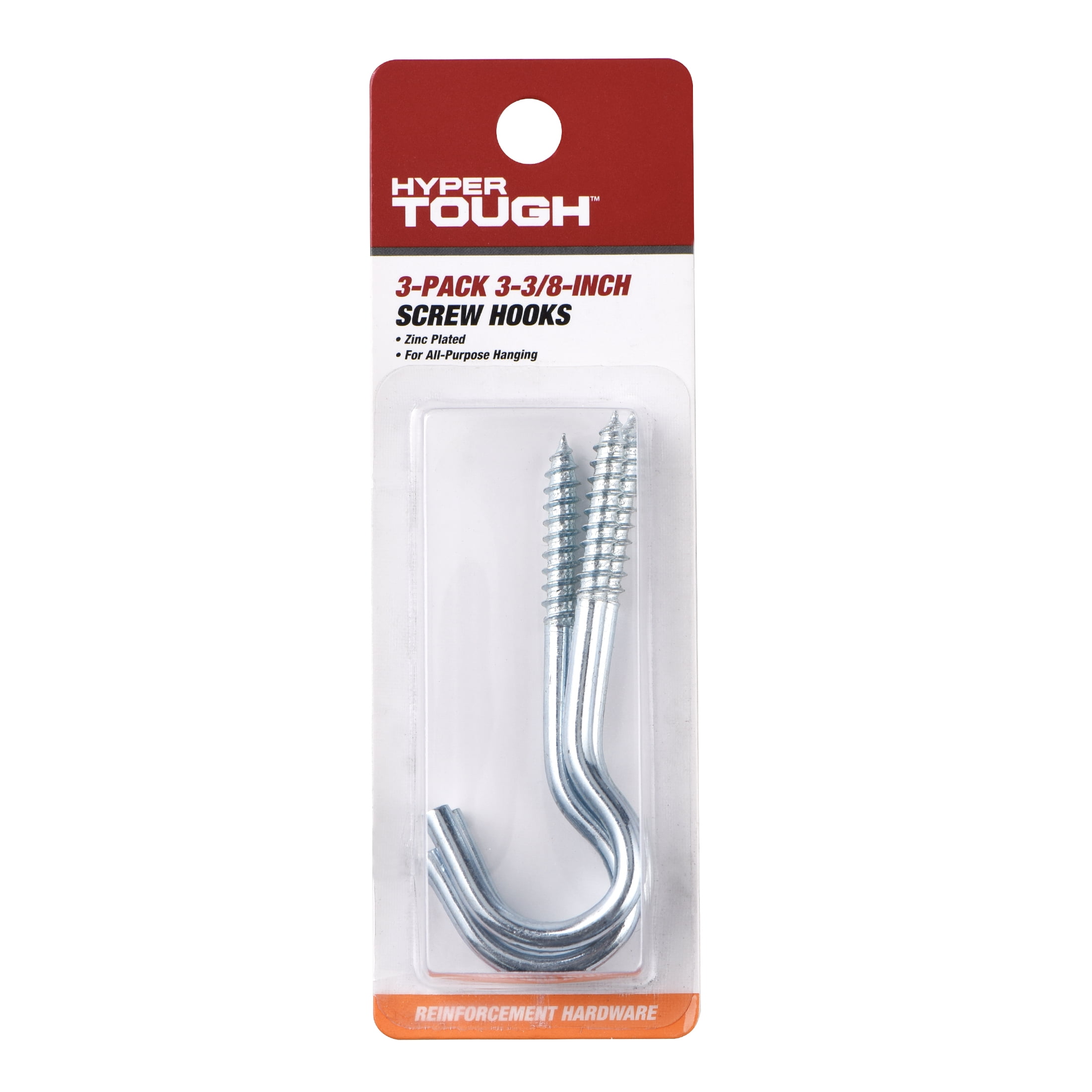 (4 pack) Hyper Tough 3-3/8 in. Screw Hook, Zinc Plated, 3 Pack
