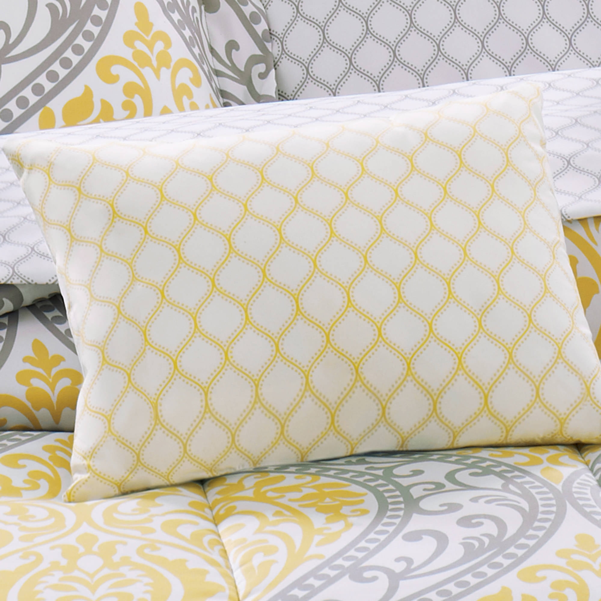 Mainstays Yellow Damask 8 Piece Bed in a Bag Comforter Set With Sheets, Queen
