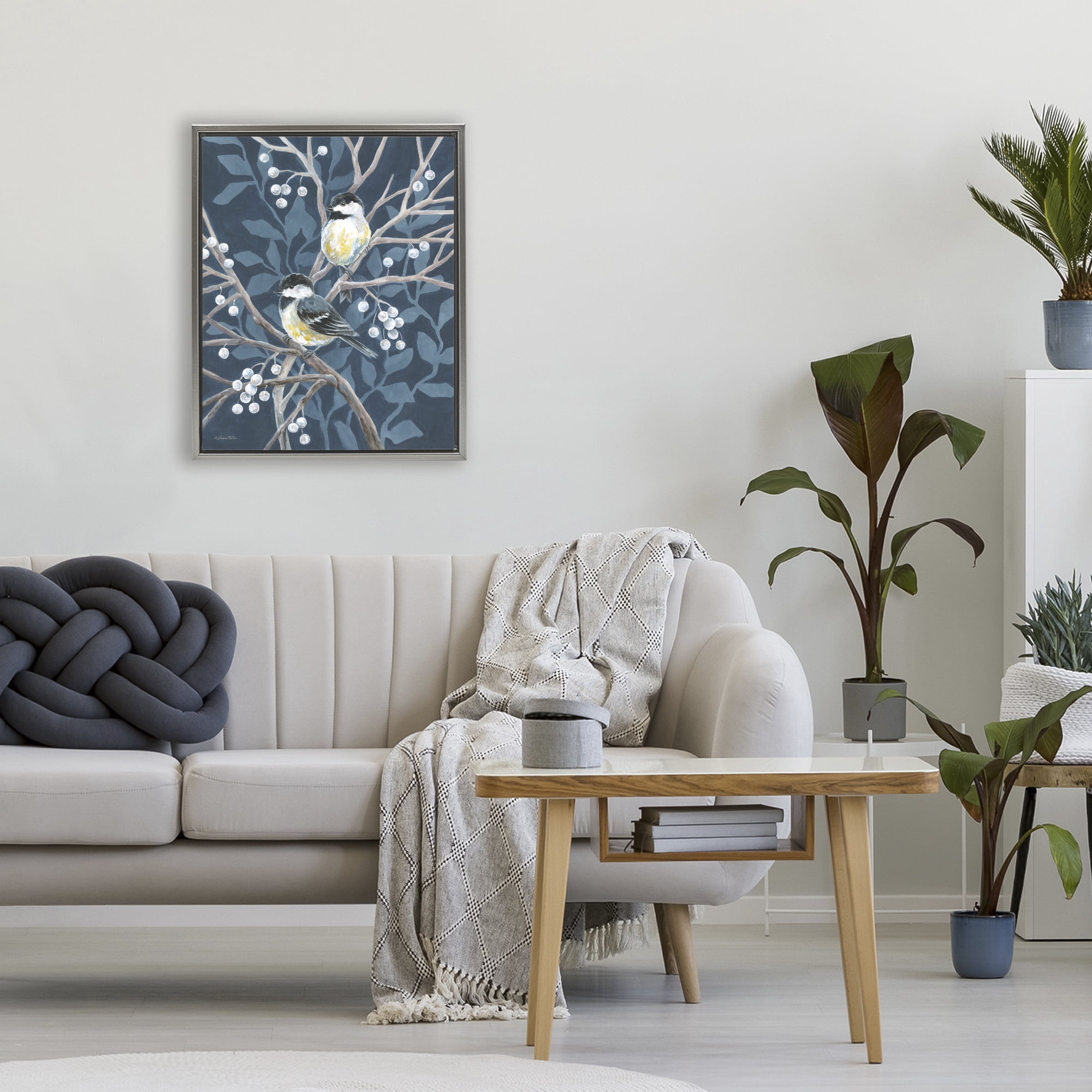 Stupell Industries Chickadees on Winter Berries Gray Framed Floater Canvas Wall Art, design by Diane Kater