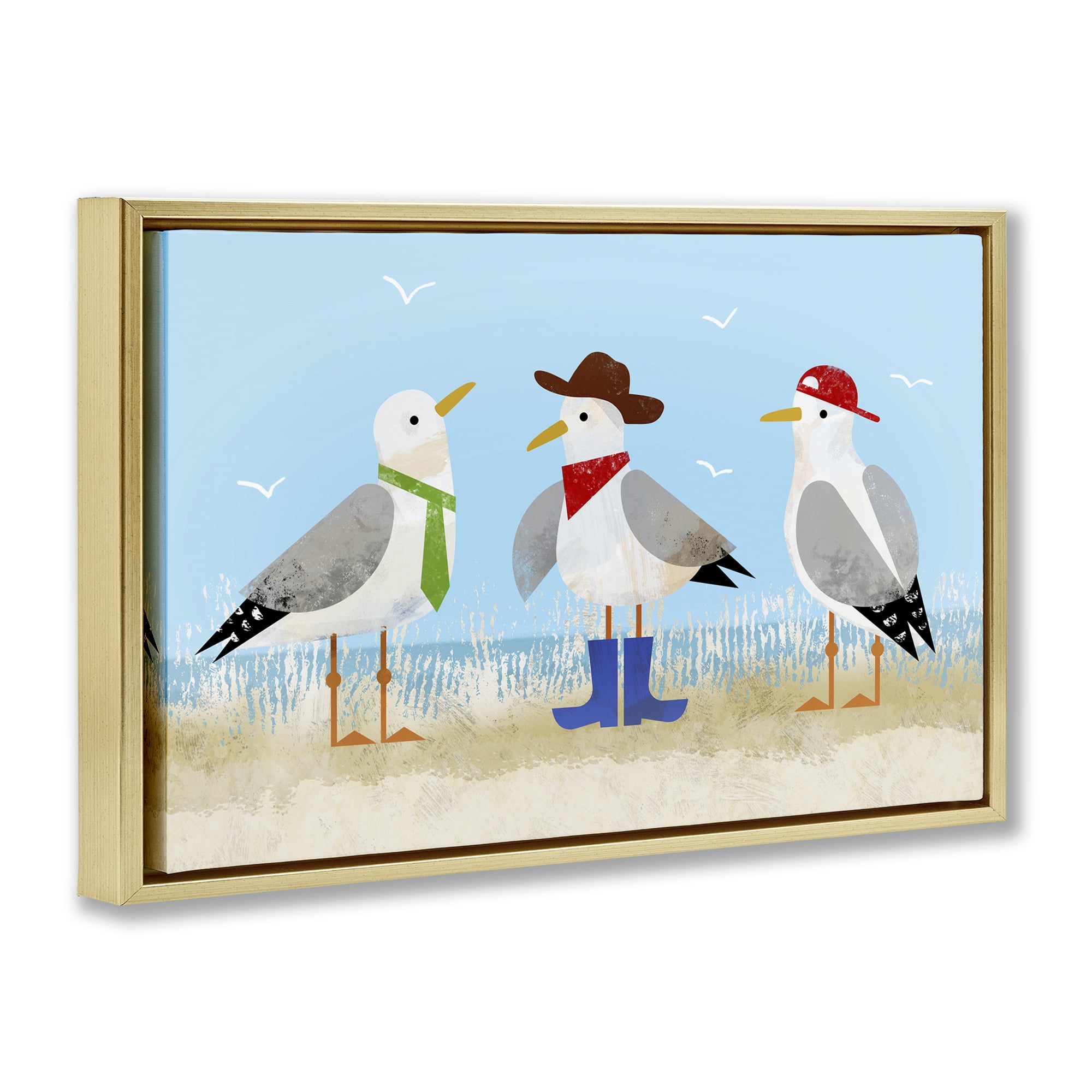 Stupell Industries Dressed Seagulls on Beach Animals Painting Gold Floater Framed Canvas Art Print Wall Art, 25 x 17
