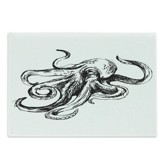 Octopus Cutting Board, Marine Wildlife Sketch Illustration of Octopus with Large Tentacles Nautical Art, Decorative Tempered Glass Cutting and Serving Board, in 3 Sizes, by Ambesonne