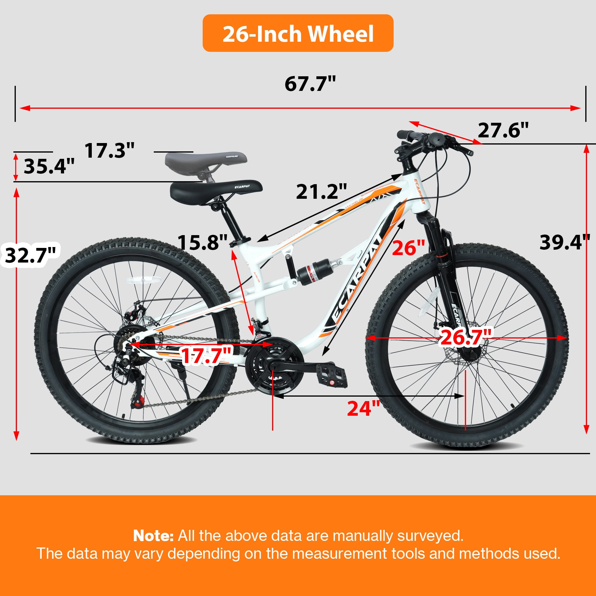 26 Inch Mountain Bike with 21-Speeds & Full Suspension Steel Frame,White&Orange