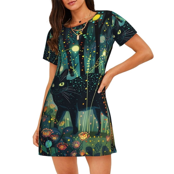 Easygdp Mystical Black Cat Fireflies Camisón de manga corta para mujer, informal, estampado