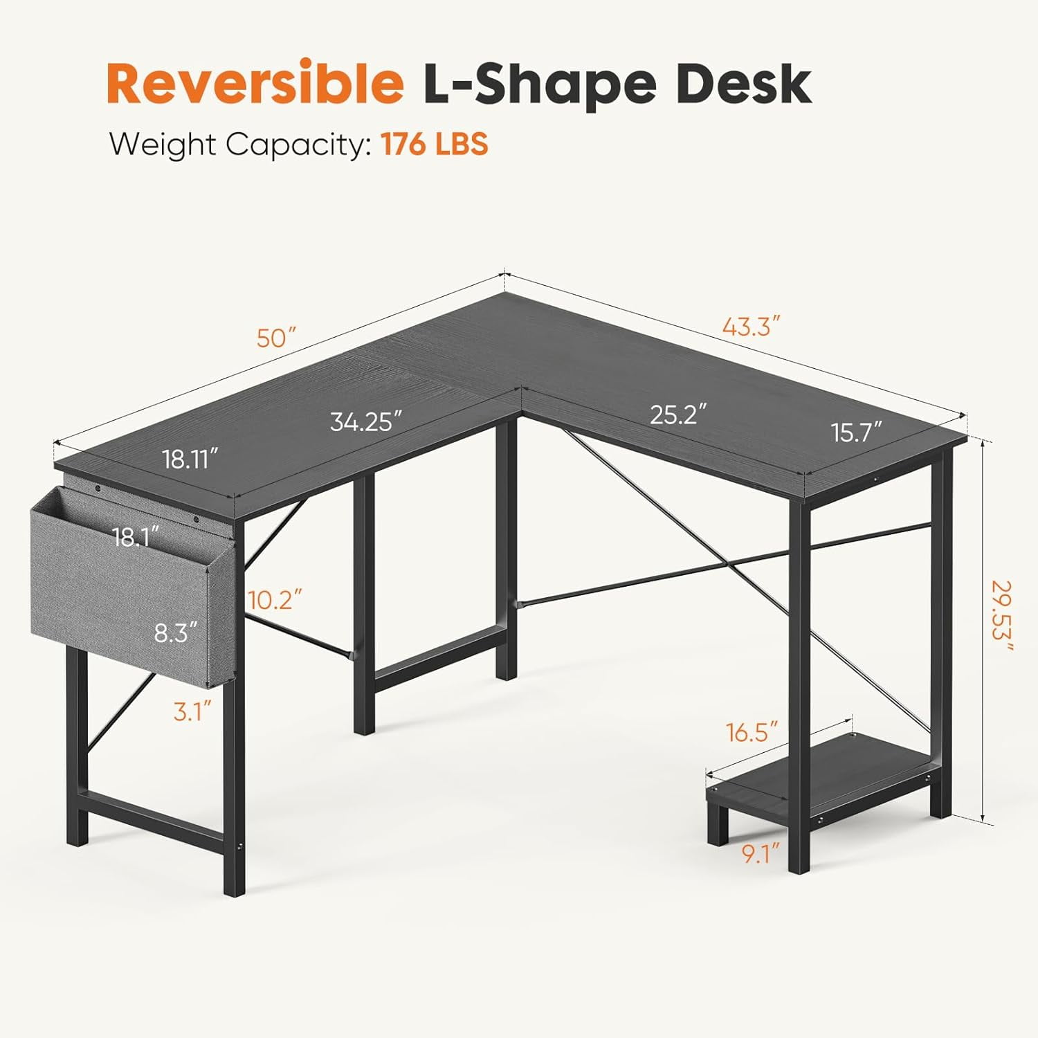 Bigleap L Shaped Computer Desk - Gaming Table Corner Desk 50 Inch PC White Writing Desk Study Desks with Wooden Desktop CPU Stand Side Bag Reversible for Home Office Room Small Space，Black