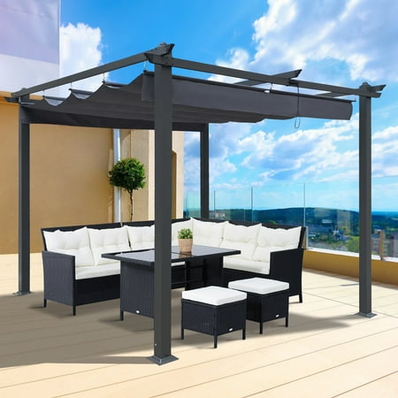 10x10 Ft Extra-Large Outdoor Pergola  Patio Shelter w/Retractable Sun Shade Canopy Cover  Weather-Resistant Fabric  Steel Frame  16 Ground Stakes  for Gardens  Terraces  Backyard  Grey