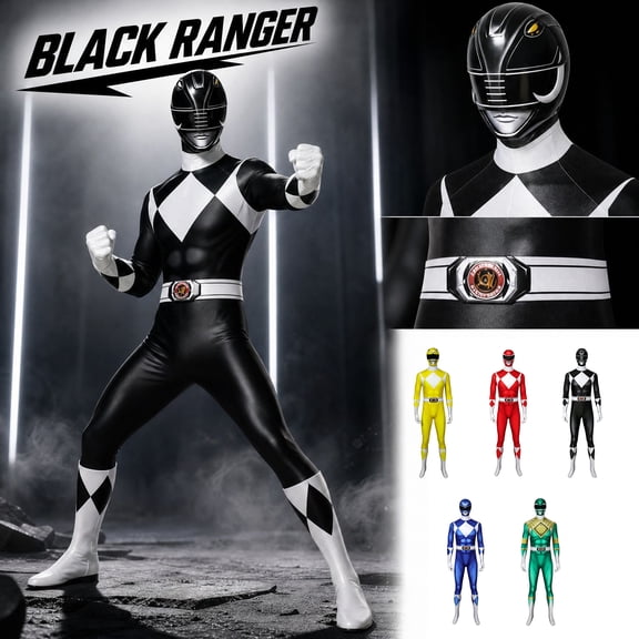 Black Ranger Costume Superhero Cosplay Warrior Jumpsuit Full Body Spandex Bodysuit Halloween Dress Up Party Outfit for Adults Men Power Ninja Ranger Battle Suit
