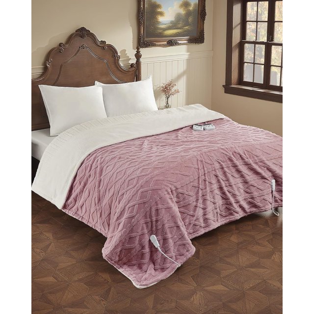90x100 Heated Throw Blanket with Thick Tufted Cable Pattern,10 Heat Levels&10Timer Settings,Electric Throw with Intelligent Temperature Control,Machine Washable,Fast Heating,Pink