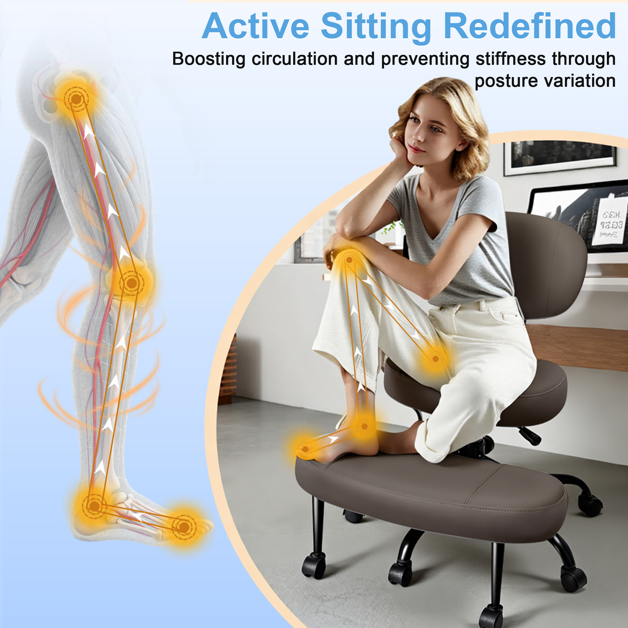 Dhole Kneeling Chair with Backrest - Ergonomic Office Chair for Cross-Leg Sitting, Adjust Height, 360° Rotating Footrest & Wheels, Posture Support for ADHD/Home Office/Meditation, Brown